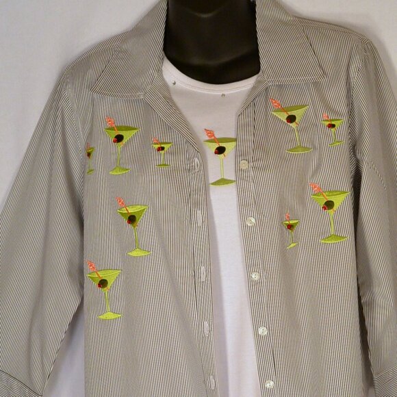 Majestic Martini Button Up Shirt Set Womens S Blue White Striped 2pc Preppy Top - Picture 2 of 10